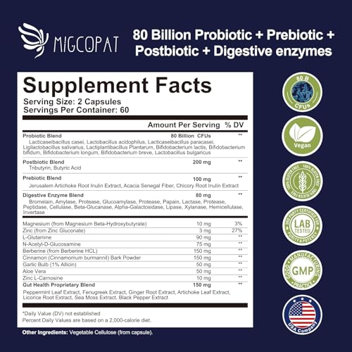 Probiotic Prebiotic & Postbiotic Digestive Enzymes 80 Billion CFU for Complete Gut Health, Men & Women, 120 Capsules
|